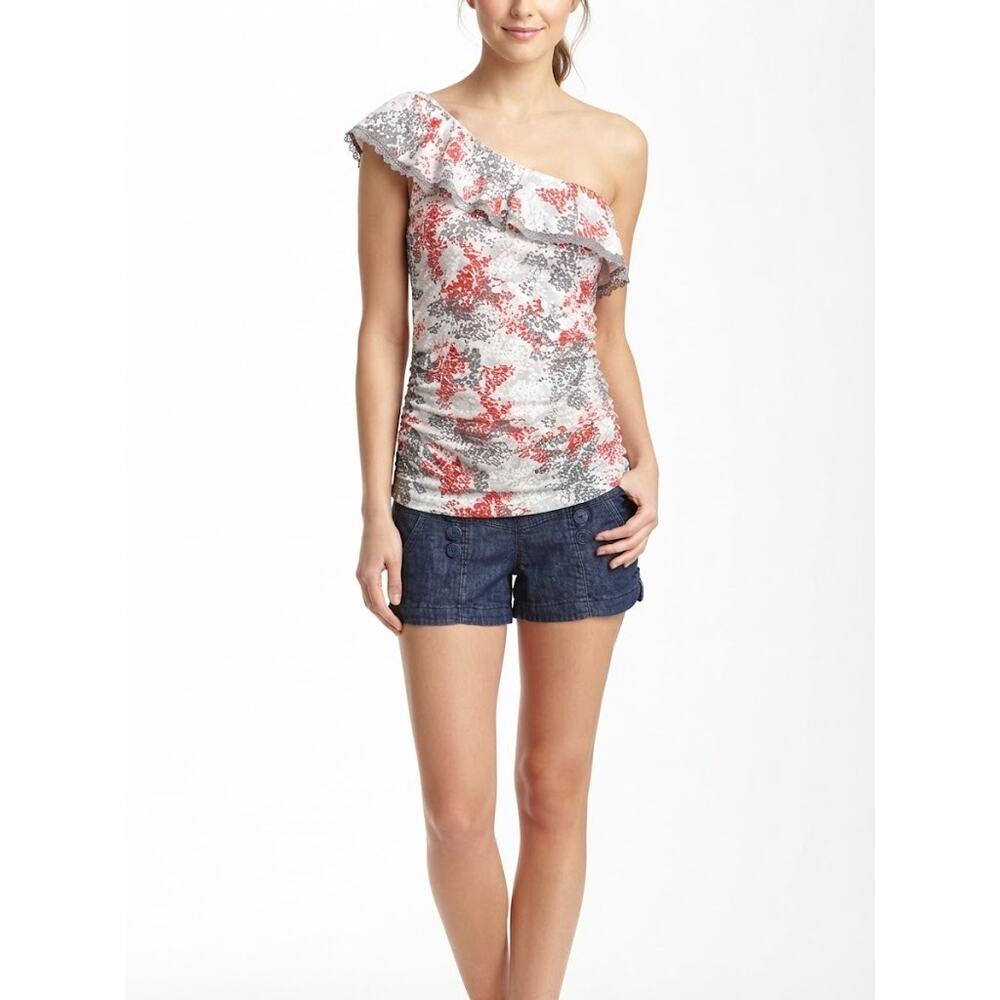 Rewind Coquette Denim Style One-Shoulder Floral Romper Medium